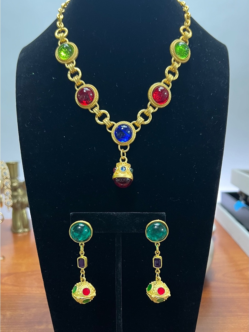 Estate Gold-Tone Multicolor Glass Cabochon Necklace with Matching Earrings
